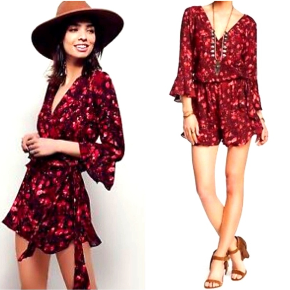 Free People Red Floral All The Right Ruffles Playsuit Romper